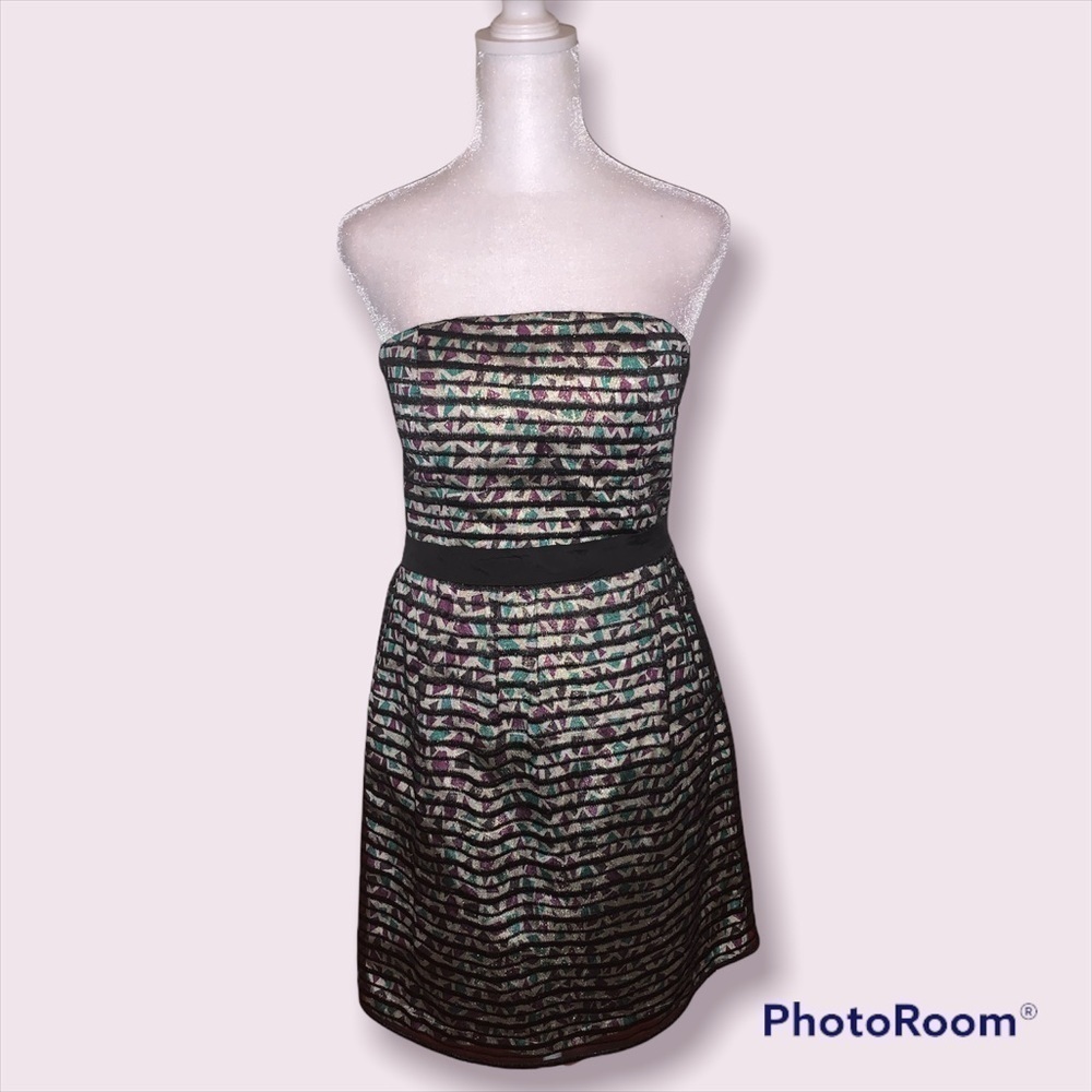Akira Black Label Strapless Geometric Metallic Mesh Mini Dress Purple Teal Med